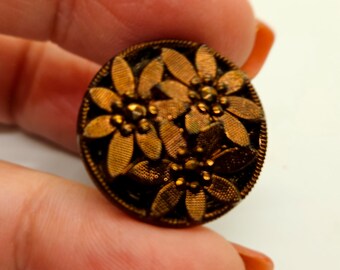 Vintage Buttons - 1 jet black glass, flower design gold luster painted design shank 7/8" 22mm( mar 862 24)