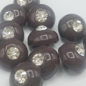 Vintage Buttons - 12 beautiful, small rhinestones solitaire set in deep brown plastic 7/16&quot;, 11mm, New old Stock (Nov 834 20)