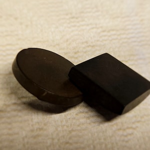 Vintage Buttons - 2 assorted black, 11/16&quot; 17.5mm Collector early rubber mid 1800 Goodyear Rubber Co.  stamped 1851 (jun 91 22)