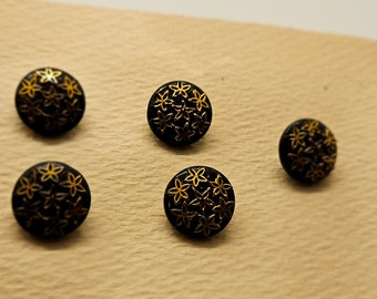 Vintage Buttons  5 small size matching gold luster pattern glass, jet black, NOS 1/2" 13mm(apr 124 24)
