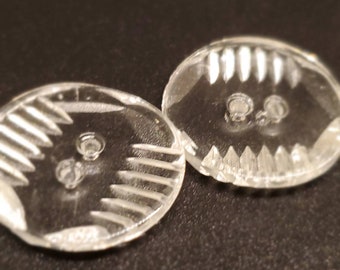 Vintage Button 2 matching clear carved Depression glass, 7/8" 22mm design novelty cut glass(aug 788 22)