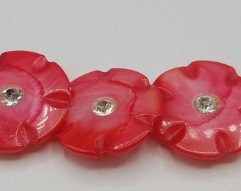 Vintage Buttons - lot of pink dyed mother of pearl, 3 medium size, 7/8&quot; 22mm flower matching rhinestone center shank back disk(nov 883 20)