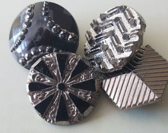 Vintage Buttons -  beautiful lot of 4 assorted silver luster hand painting jet black glass, medium size pressed designs  (mar,511 18)