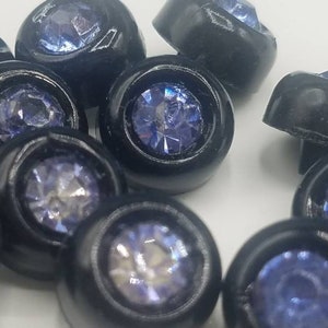 Vintage Buttons -  12 beautiful, small rhinestones solitaire set in black plastic, blue rhinestones 7/16&quot;, 11mm, New old Stock (Nov 835 20)
