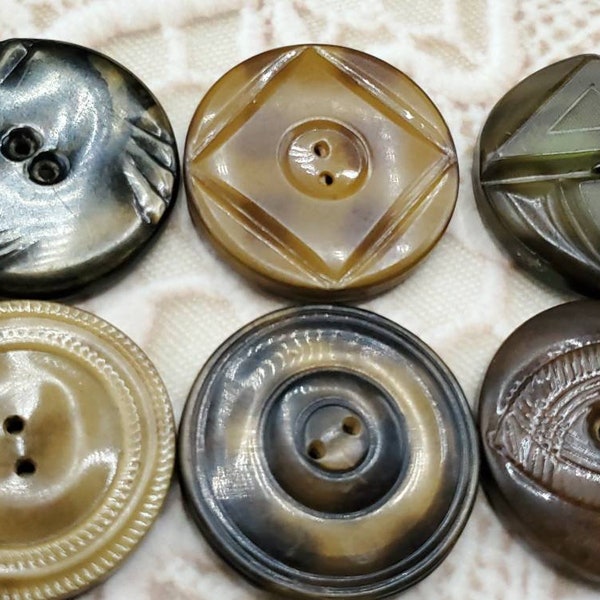 Vintage Buttons - 6 shades of brown assorted styles tight top celluloid, metal back  extra large 1 3/8", 55mm (oct 352 21)