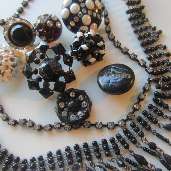 Vintage Shabby Chic lot of jewelry,embellishments, buttons for repurpose,  missing stones/ closures lot of 10, ( mar black 2 )