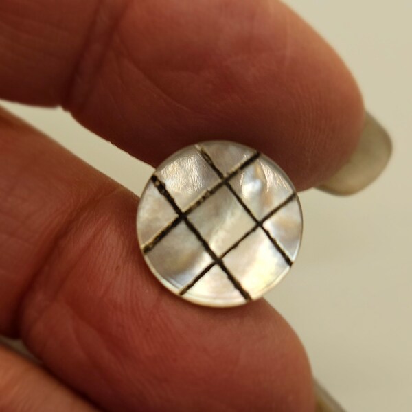 Vintage Buttons - 1 Victorian mother of pearl, small 1/2" 13 mm black carved grid design, metal shank  (jan 276 24 )