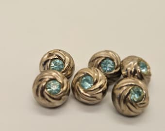 Vintage Buttons,  6 NOS metalized brilliant plastic solitaire rhinestone blue pierced flowers 7/16" 11mm( nov 473 23)