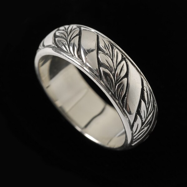 Laurel Leaf Wedding Band with Stripe, Engraved Collection    2505S