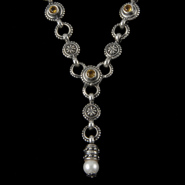 Five Stone  Y  Necklace with Pearl Drop, B.C. Silver Collection     6162SXCL