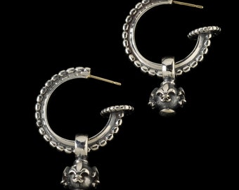 Medium Beaded Hoop Earrings with Fleur de lis Ball Drop, B.C. Silver Collection   6353S