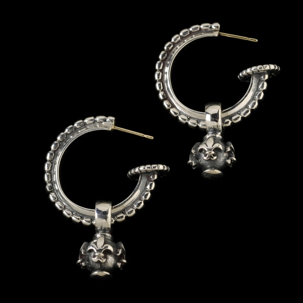 Medium Beaded Hoop Earrings with Fleur de lis Ball Drop, B.C. Silver Collection   6353S