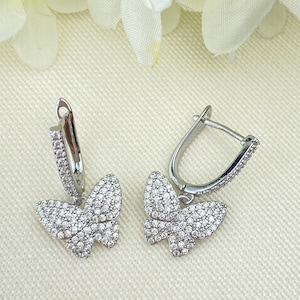 Sparkling Butterfly Zircon Hoop Earrings – Elegant Silver Finish