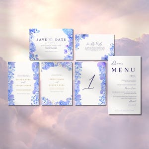 Suite de mariage floral violet bleu royal | Modèles modifiables | Réservez cette date, carte d'invitation, RSVP, numéros de table, menu | Téléchargement numérique sur toile