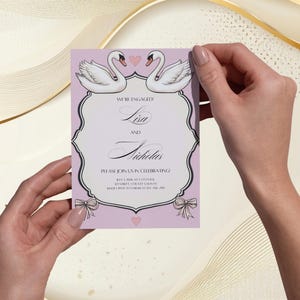 Convite de noivado rosa e vermelho | Cisnes de amor extravagantes | Modelo personalizado editável | Download digital, impressão em casa Canva