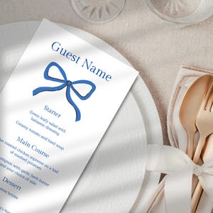 carte de visite d'invité pour le dîner de mariage | Marque-place | Modèle modifiable | Ruban bleu lunatique amusant dragueur | Toile | Téléchargement numérique