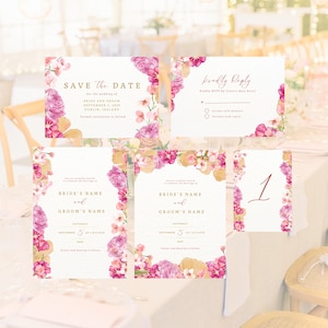 Suite de mariage florale | Modèles modifiables | Rose pêche colorée | Réservez cette date, Invitation (2), RSVP, Numéros | Téléchargement numérique sur toile