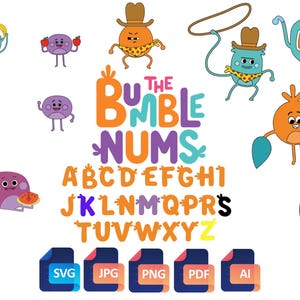 May include: A collection of colorful cartoon characters and the text "The Bumble Nums" in orange and purple. The image includes the alphabet and file type icons for SVG, JPG, PNG, PDF, and AI.