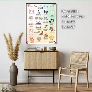 May include: A printable poster with a light green and light blue background. The poster features a list of self-care activities for the month of May. The poster includes illustrations of people engaging in activities such as taking a bath, exercising, reading, and watching movies. The poster also includes the text "Du erh&auml;ltst 2 PDF Dateien: 1 x in A3 1 x in A4".