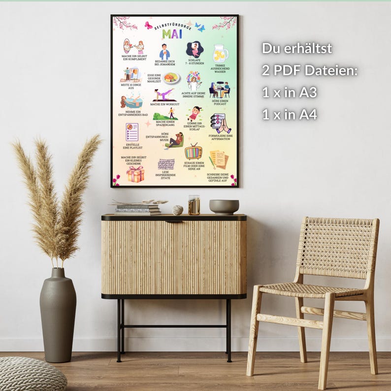 May include: A printable poster with a light green and light blue background. The poster features a list of self-care activities for the month of May. The poster includes illustrations of people engaging in activities such as taking a bath, exercising, reading, and watching movies. The poster also includes the text "Du erh&auml;ltst 2 PDF Dateien: 1 x in A3 1 x in A4".