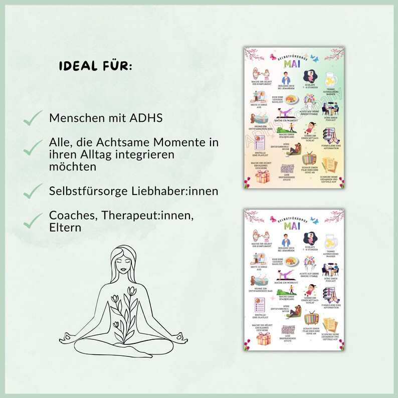 May include: A printable mindfulness calendar for the month of May. The calendar features a variety of activities to promote self-care and well-being, including meditation, yoga, and journaling. The calendar is ideal for people with ADHD, those who want to integrate mindfulness into their daily lives, and self-care enthusiasts.