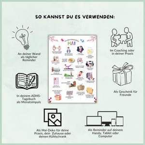 May include: A printable poster with a list of self-care tips for the month of May. The poster is decorated with flowers and has a light blue background. The text on the poster is in German.