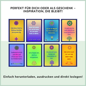 May include: A set of eight colorful affirmation cards with inspirational quotes. Each card features a mandala design and a quote about self-love, positivity, and personal growth. The cards are perfect for self-reflection and motivation.