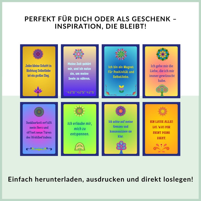 May include: A set of eight colorful affirmation cards with inspirational quotes. Each card features a mandala design and a quote about self-love, positivity, and personal growth. The cards are perfect for self-reflection and motivation.