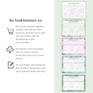 May include: Five printable cleaning schedule templates with a tropical leaf design. The templates are labeled "Reinigungsplaner" in German, which translates to "Cleaning Planner".