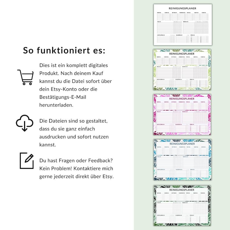 May include: Five printable cleaning schedule templates with a tropical leaf design. The templates are labeled "Reinigungsplaner" in German, which translates to "Cleaning Planner".