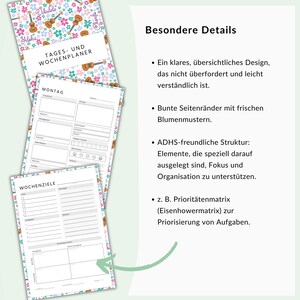 May include: A planner with a floral ukulele design. The planner includes sections for daily and weekly planning, with the text "TAGES- UND WOCHENPLANER" and "MONTAG" visible. The pages have colorful floral borders.