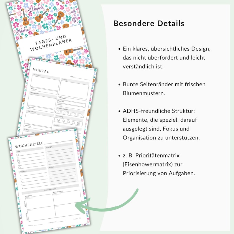 May include: A planner with a floral ukulele design. The planner includes sections for daily and weekly planning, with the text "TAGES- UND WOCHENPLANER" and "MONTAG" visible. The pages have colorful floral borders.
