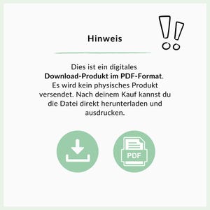 May include: A digital download product in PDF format. The image features the word "Hinweis" at the top, followed by text explaining the product is digital. Two green circles with icons of a download arrow and a PDF document are at the bottom.