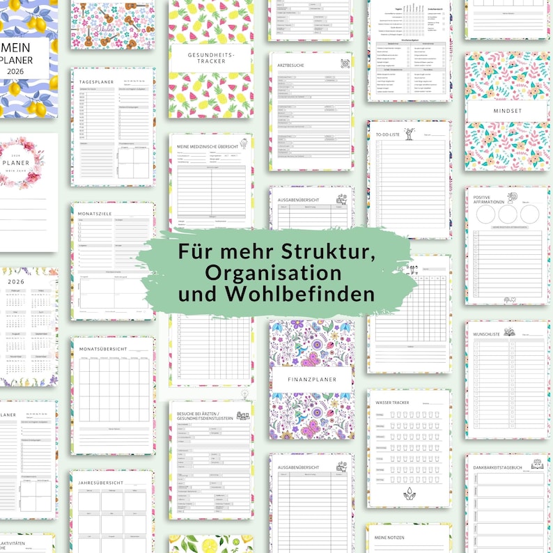 May include: A collection of printable planner pages with various designs and layouts. The pages include sections for daily planning, health tracking, and financial planning. The text "Mein Planer 2026" is visible, along with other German text.