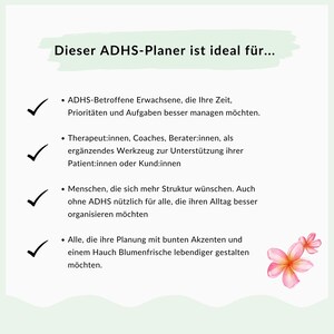 May include: A planner with text in German, featuring a green banner that reads "Dieser ADHS-Planer ist ideal f&uuml;r..." with bullet points below. The image includes a floral design and checkmarks.