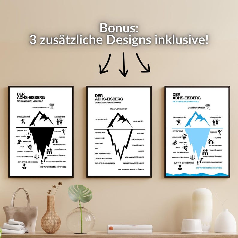 May include: Three black and white illustrations of an iceberg with the text "Der ADHS-Eisberg" and "Die Klassischen Merkmale" above the iceberg. The iceberg is divided into two sections, the top section is labeled "Unbekannt" and the bottom section is labeled "Verborgenen St&auml;rken".
