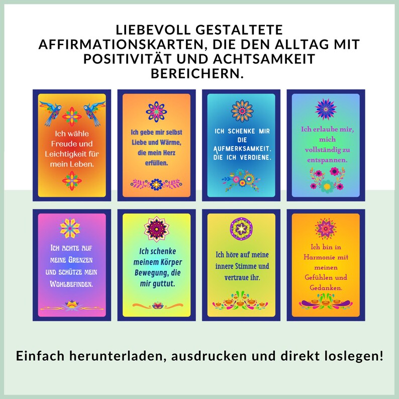 May include: Eight colorful affirmation cards with positive messages in German. The cards feature floral designs and are perfect for daily inspiration.