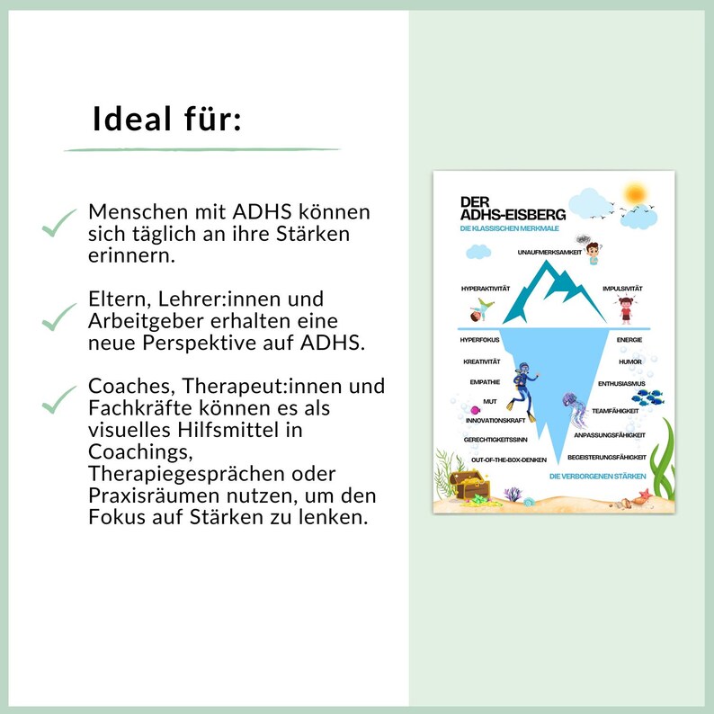May include: A blue and green illustration of an iceberg with the text "Der ADHS-Eisberg" and "Die Klassischen Merkmale" at the top. The iceberg is divided into two sections, one above the waterline and one below. The section above the waterline is labeled with the text "Unaufmerksamkeit", "Hyperaktivit&auml;t", and "Impulsivit&auml;t". The section below the waterline is labeled with the text "Hyperfokus", "Kreativit&auml;t", "Empathie", "Mut", "Innovationskraft", "Out-of-the-Box-Denken", "Energie", "Humor", "Enthusiasmus", "Teamf&auml;higkeit", "Anpassungsf&auml;higkeit", "Begeisterungsf&auml;higkeit", and "Die Verborgenen St&auml;rken".