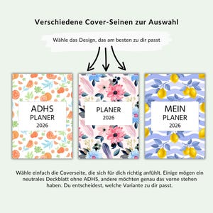 May include: Three planner covers with different designs. One features orange fruit, another has floral patterns, and the third displays lemons on a blue and white striped background. Each cover has the text "PLANER 2026".