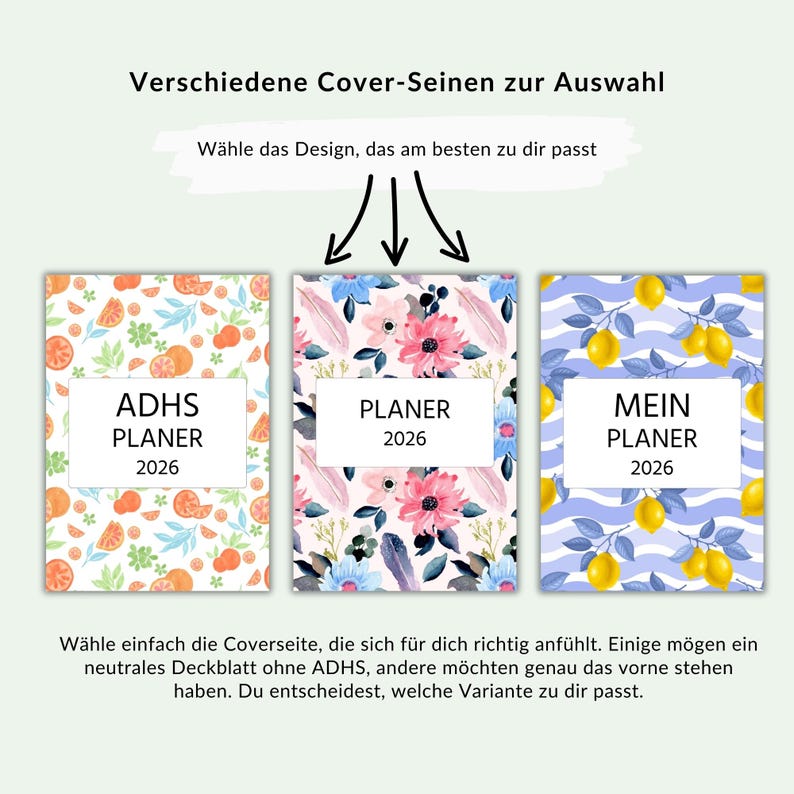 May include: Three planner covers with different designs. One features orange fruit, another has floral patterns, and the third displays lemons on a blue and white striped background. Each cover has the text "PLANER 2026".