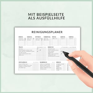 May include: A black and white cleaning schedule planner with a sample filled out. The planner includes daily, weekly, monthly, quarterly, semi-annual, and annual cleaning tasks. The planner is titled "Reinigungsplaner" which is German for "Cleaning Planner".
