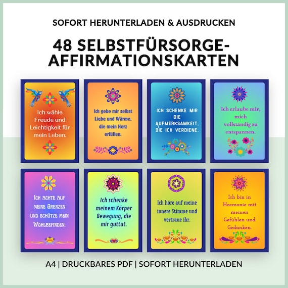 48 Selbstfürsorge-Affirmationskarten A4 | PDF Digitaler Download | für mehr Ruhe, Gelassenheit & Selbstliebe | Auch perfekt als Geschenk