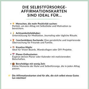 May include: A green and white illustrated card with the text "Die Selbstf&uuml;rsorge-Affirmationskarten sind ideal f&uuml;r..." and a list of different types of people who might benefit from using affirmation cards. The card features a yellow star, a small brown bag, a calendar, and a small red gift box.