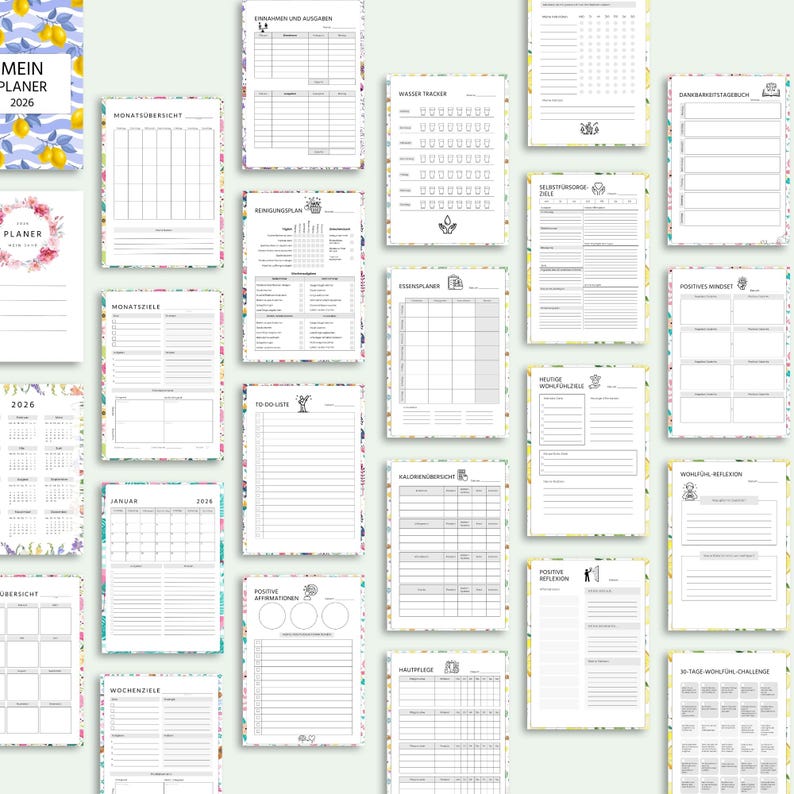 May include: A collection of planner pages with floral and lemon designs. The pages include sections for monthly overviews, goals, to-do lists, and habit trackers. The cover features the text "Mein Planer 2026".