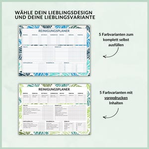 May include: Two printable cleaning schedule templates with a tropical leaf design. The top template is blank and the bottom template has pre-filled cleaning tasks. Both templates include daily, weekly, monthly, quarterly, and yearly sections.
