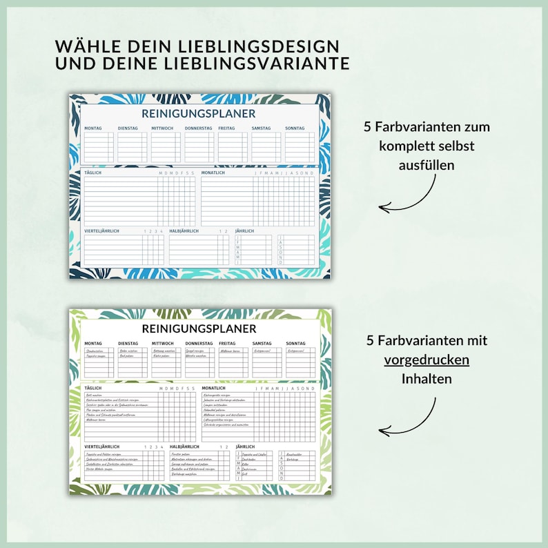 May include: Two printable cleaning schedule templates with a tropical leaf design. The top template is blank and the bottom template has pre-filled cleaning tasks. Both templates include daily, weekly, monthly, quarterly, and yearly sections.