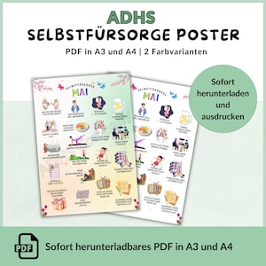 Pode incluir: Um cartaz imprimível com fundo verde e texto branco. O cartaz é intitulado "ADHS SELBSTFÜRSORGE POSTER" e apresenta uma lista de dicas de autocuidado para maio. O cartaz está disponível em duas variações de cor e pode ser baixado nos tamanhos A3 e A4.
