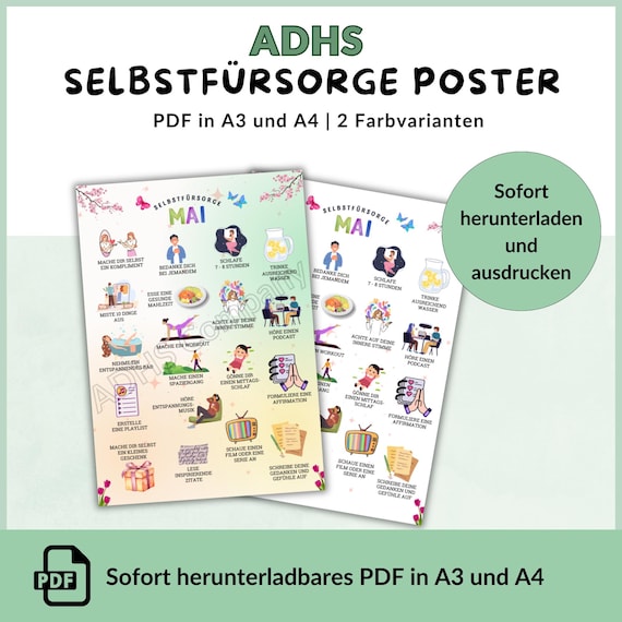 ADHS Selbstfürsorge Poster Mai | Achtsamkeit PDF | A3 und A4 | sofort herunterladen und ausdrucken | Mentale Gesundheit | Coaching Poster