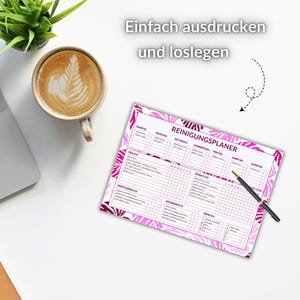 May include: A pink and white cleaning planner with a floral design. The planner includes sections for daily, weekly, and monthly tasks. The text "REINIGUNGSPLANER" is printed on the planner.