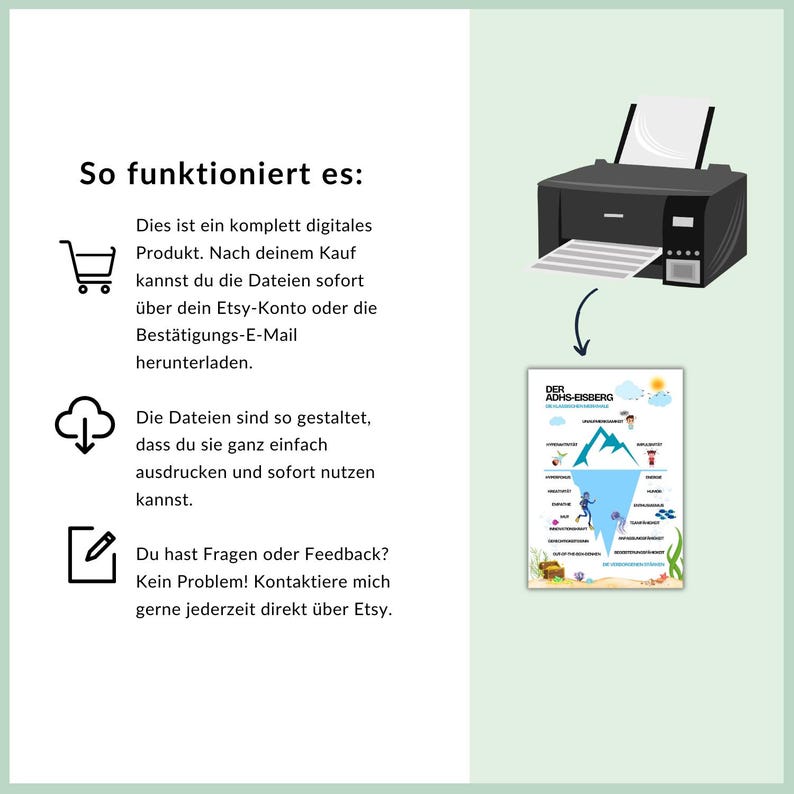 May include: A digital product illustration showing how to download and print a printable resource. The text reads "So funktioniert es: This is a completely digital product. After your purchase, you can download the files immediately via your Etsy account or the confirmation email. The files are designed so that you can easily print them and use them immediately. Do you have any questions or feedback? No problem! Feel free to contact me anytime directly via Etsy."